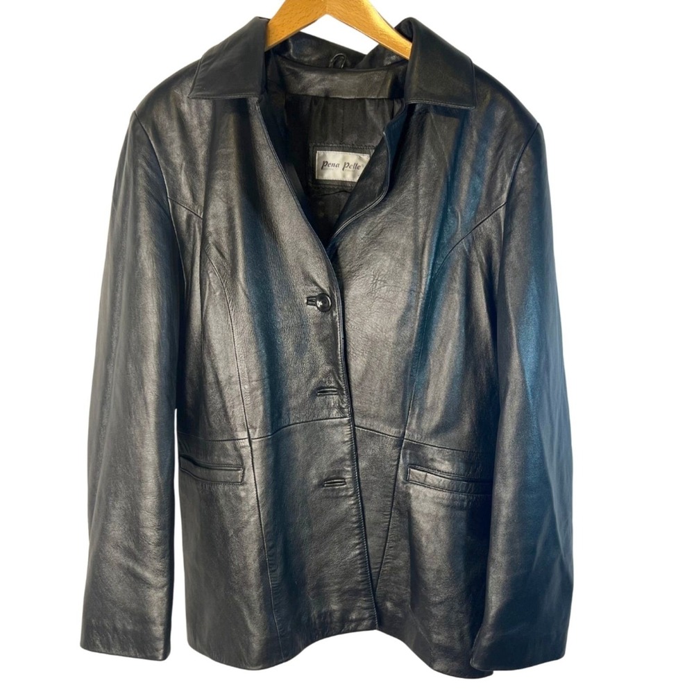 Pena Pelle Black Leather Coat Edgy Biker Core Classic Timeless Sz LG